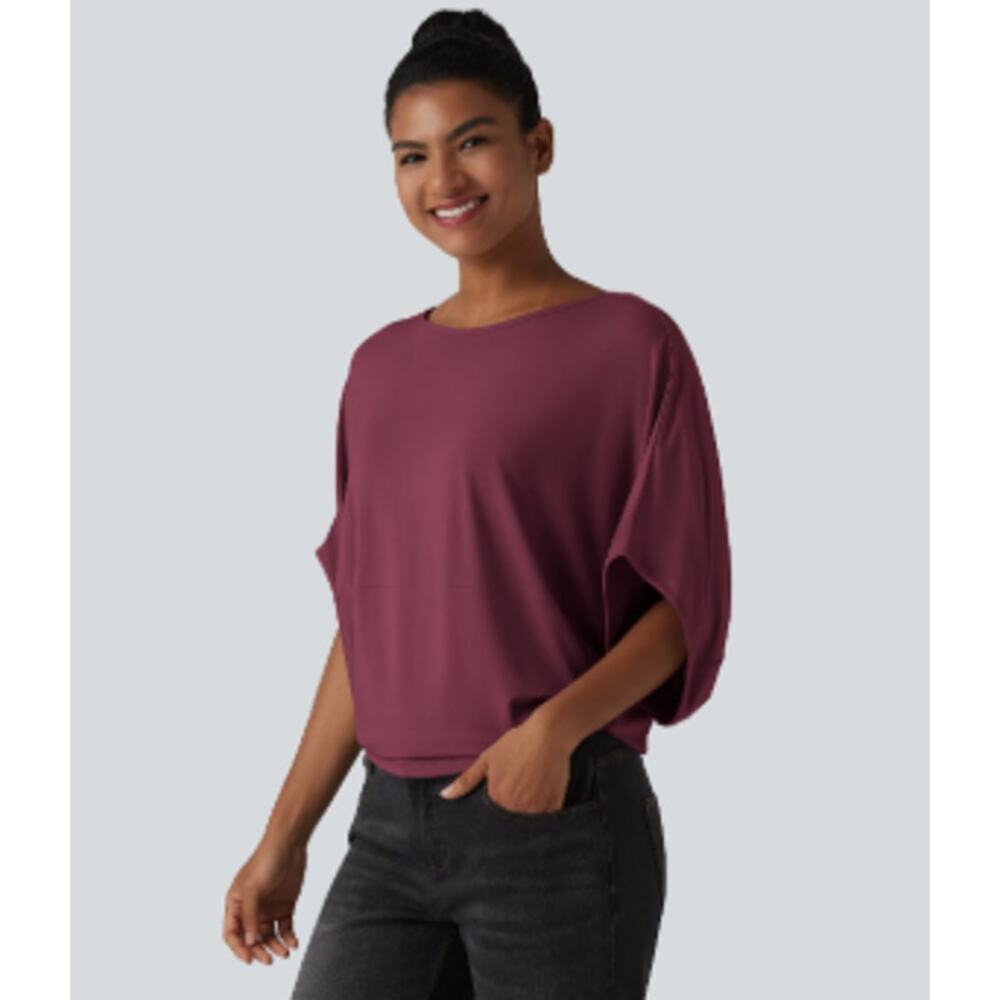 Halara Burgundy Round Neck Batwing Sleeve Relaxed Casual Top Size M NWT - Picture 4 of 5